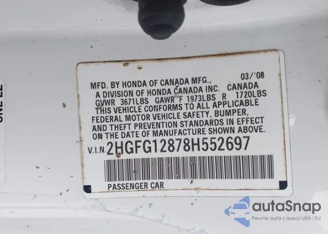 2008 Honda Civic Ex из США, поврежденный, VIN 2HGFG12878H552697